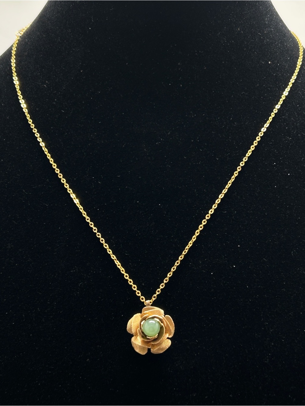 Vintage Gold Necklace With Flower Pendant, Green Jade Center